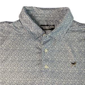 Southern Charm Mens Large Polo Blue Shamrock Clover Floral Golf Performance